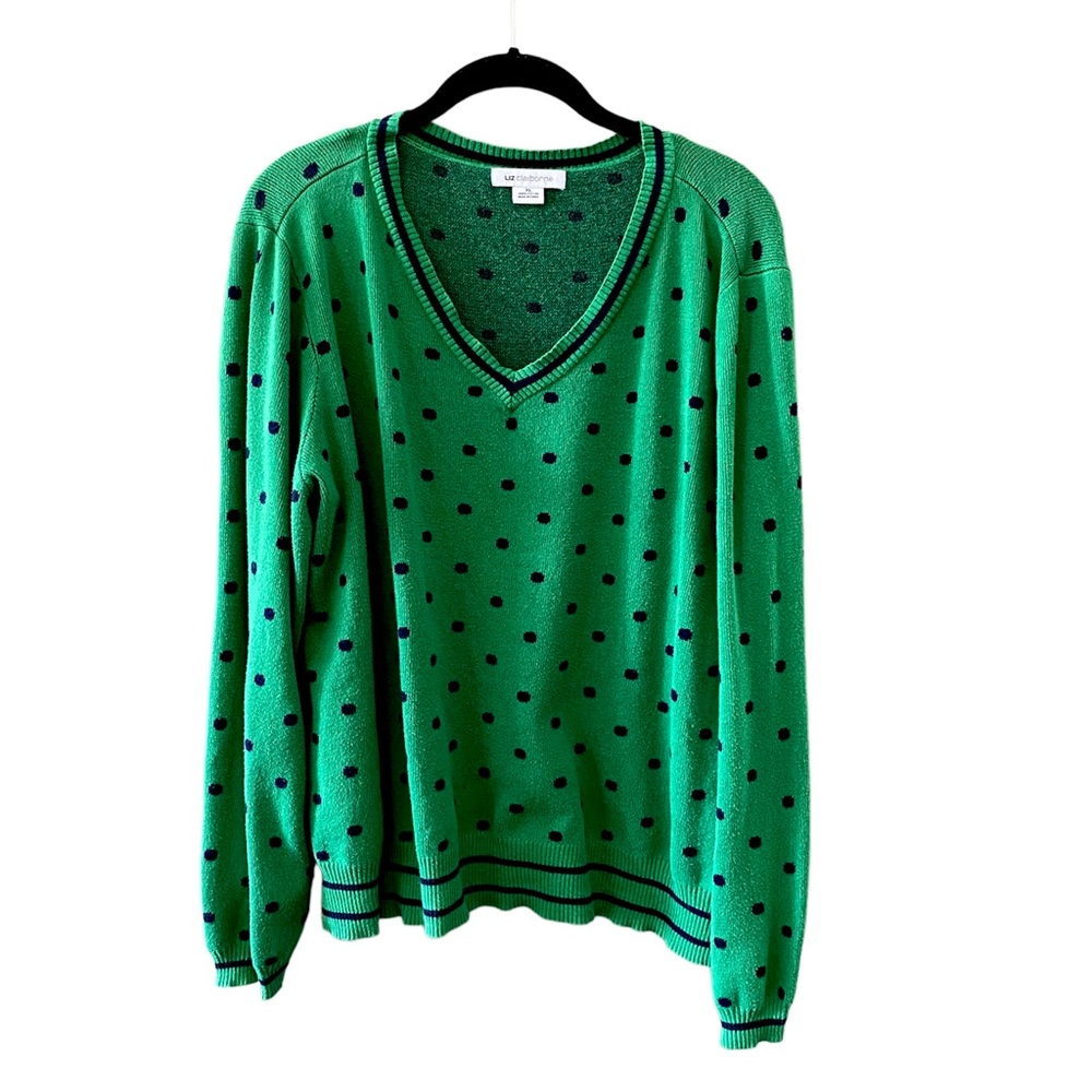 Liz Claiborne Green Navy Polka Dot V-Neck Sweater